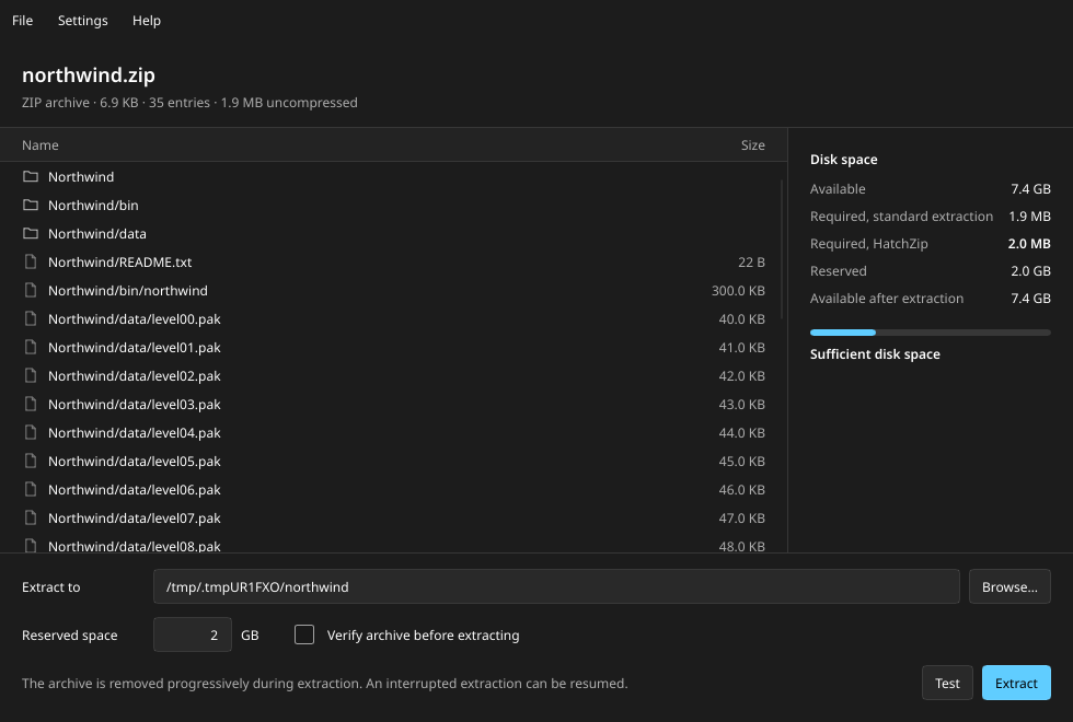 The HatchZip desktop app inspecting an archive: entry list on the left, exact disk budget vs. standard extraction on the right.