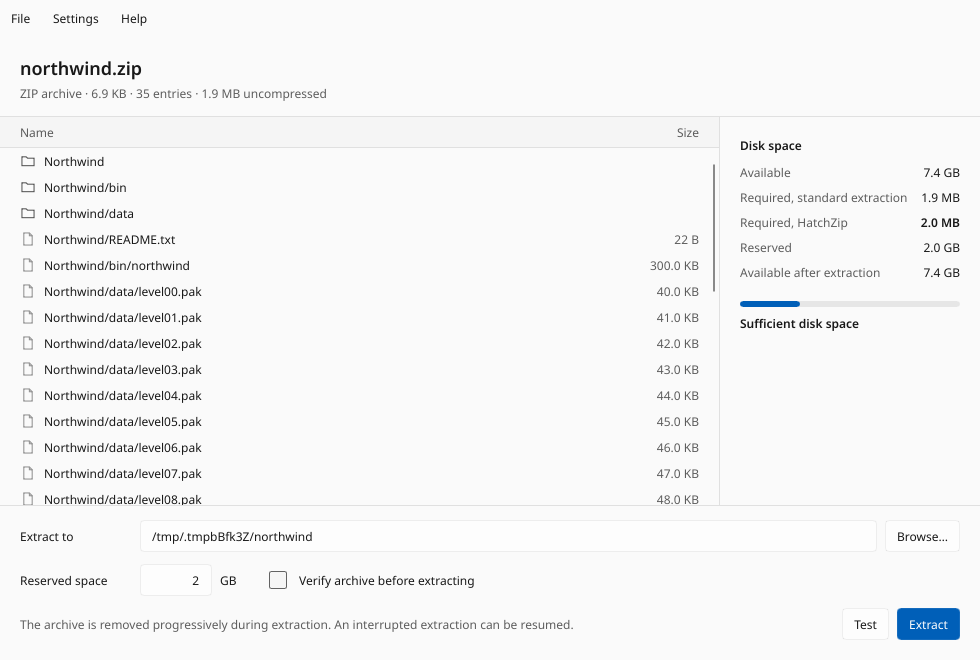 The HatchZip desktop app inspecting an archive: entry list on the left, exact disk budget vs. standard extraction on the right.